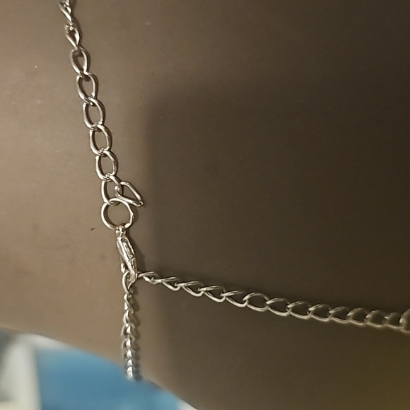 Silvertone Necklace w/Dangling Silver & Blue w/Design Embedded Beads, 18" Length - Picture 5 of 6